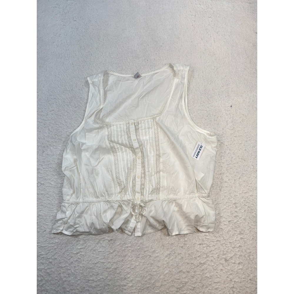Old Navy Womens XL White Lace Trim Pintuck Peplum Sleeveless Button Front Top